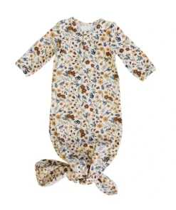 Mebie Baby Harvest Floral Organic Cotton Knotted Gown Preemie + Newborn