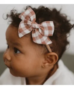 Mae + Skye Toffee Check Mini Pinwheel Bow Nylon Headband Headwear