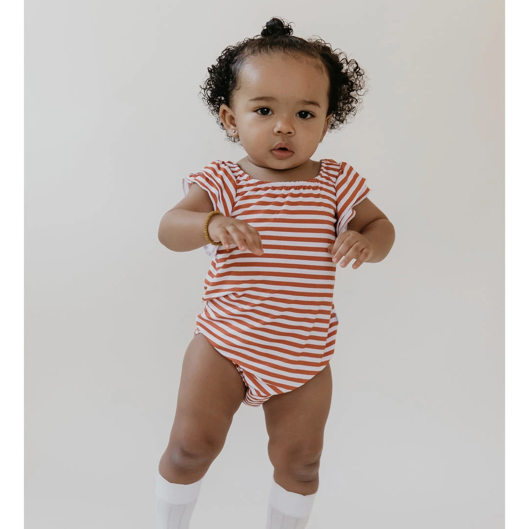 Joss + J Tangerine Stripes Bamboo Flutter Sleeve Leotard 3 Joss + J Tangerine Stripes Bamboo Flutter Sleeve Leotard