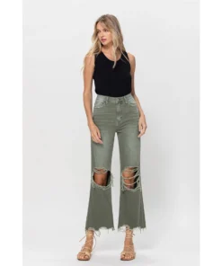 J+j Army Green Cropped Flare Jeans Jeans + Pants