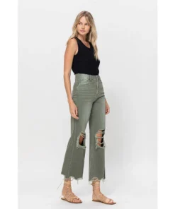 J+j Army Green Cropped Flare Jeans Jeans + Pants