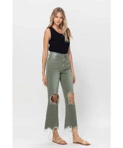 J+j Army Green Cropped Flare Jeans Jeans + Pants