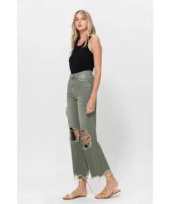 J+j Army Green Cropped Flare Jeans Jeans + Pants
