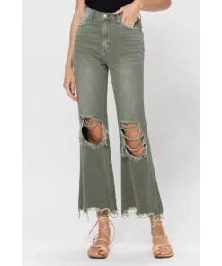 J+j Army Green Cropped Flare Jeans Jeans + Pants