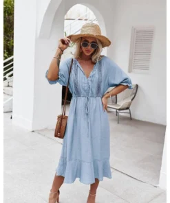 J+j Dresses Light Blue Crochet Detail Puff Sleeve Dress