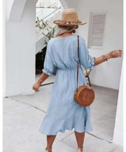 J+j Dresses Light Blue Crochet Detail Puff Sleeve Dress