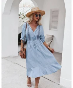 J+j Dresses Light Blue Crochet Detail Puff Sleeve Dress