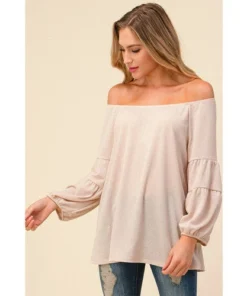 J+j Tops Oatmeal Stretch Linen Bubble Sleeve Blouse