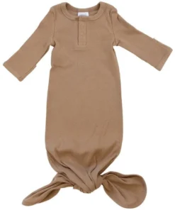 Mebie Baby Cafe Brown Organic Cotton Ribbed Knotted Gown Preemie + Newborn
