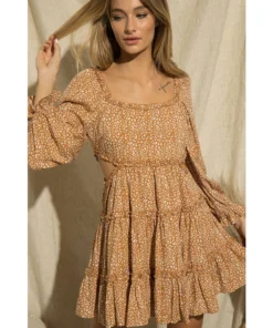 J+j Camel Side Cut Out Leopard Print Dress Dresses