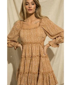 J+j Camel Side Cut Out Leopard Print Dress Dresses