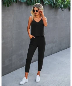 J+j Sets Black Solid Cami + Pants Set