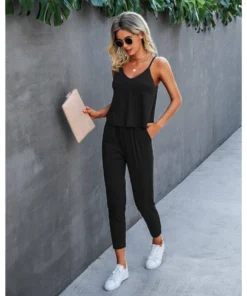 J+j Sets Black Solid Cami + Pants Set