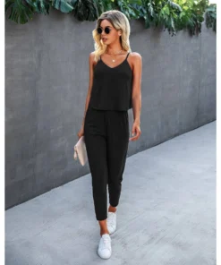J+j Sets Black Solid Cami + Pants Set