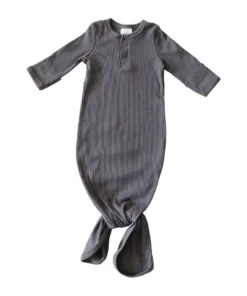 Mebie Baby Preemie + Newborn Charcoal Grey Organic Cotton Ribbed Knotted Gown