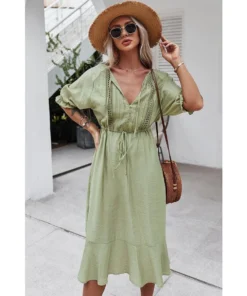 J+j Dresses Green Crochet Detail Puff Sleeve Dress