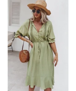 J+j Dresses Green Crochet Detail Puff Sleeve Dress