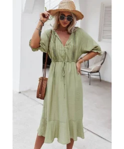 J+j Dresses Green Crochet Detail Puff Sleeve Dress