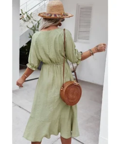 J+j Dresses Green Crochet Detail Puff Sleeve Dress