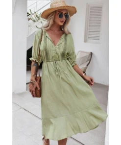 J+j Dresses Green Crochet Detail Puff Sleeve Dress