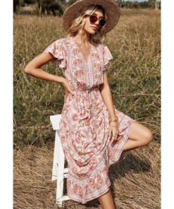 J+j Pink Floral Print Butterfly Sleeve Dress