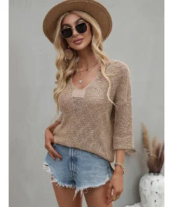 J+j Tops Beige Drop Shoulder 3/4 Length Sweater