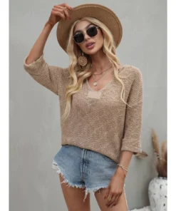 J+j Tops Beige Drop Shoulder 3/4 Length Sweater