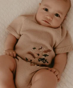 Kute Cuddles Floral Embroidered Taupe Knit Romper Knits