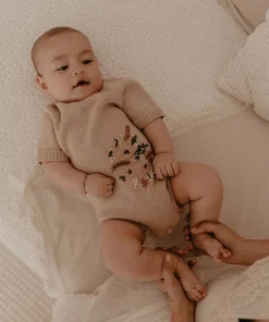 Kute Cuddles Floral Embroidered Taupe Knit Romper Knits