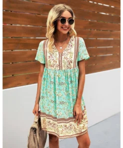 J+j Green Floral Boho Dress Dresses