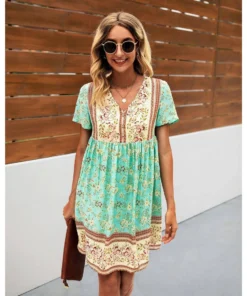 J+j Green Floral Boho Dress Dresses