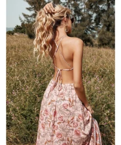 J+j Dresses Pink Floral Halter Neck Backless Dress
