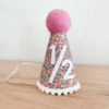 Cutest Little Party Party Hats # 1/2 Mosaic Glitter + White Pom Trim/hot Pink + White Felt Party Hat