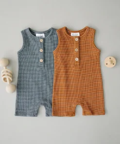 Mebie Baby Rust + White Stripe Ribbed Short Romper