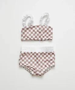 Orcas Lucille Tan Checkered Strap Bandeau Bikini Set