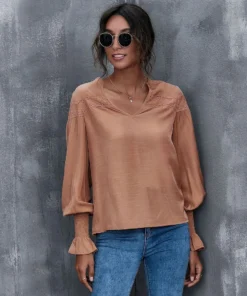 J+j Caramel Lace Textured Cuffed Blouse Tops