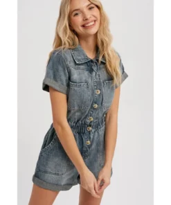 J+j Vintage Blue Denim Button Romper