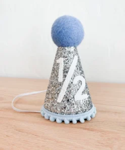Cutest Little Party Party Time # 1/2 Silver Glitter + Baby Blue Pom Trim + White Felt Party Hat