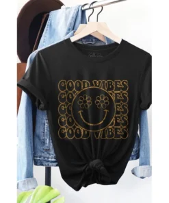 J+j Good Vibes Smiley Black Oversized Tee Graphic Tees