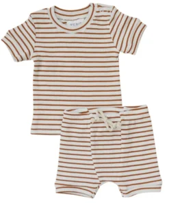 Mebie Baby Two-Piece Sets Honey + White Stripe Organic Cotton Ribbed Shorts Set