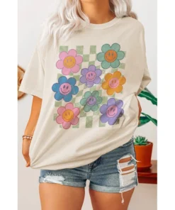 J+j Retro Flower Smiley Checkered Cream Oversized Tee Graphic Tees