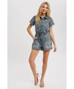 J+j Vintage Blue Denim Button Romper