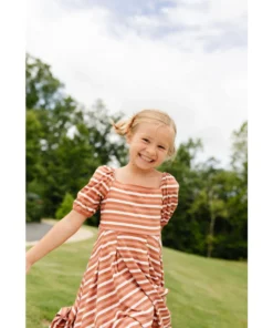 Lia + Lou Rust Striped Ribbed Puff Sleeve Dress