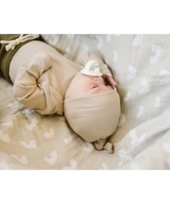 Mebie Baby Preemie + Newborn Oatmeal Organic Cotton Ribbed Knotted Beanie