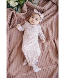 Mebie Baby Dusty Rose Vines Organic Cotton Knotted Gown Preemie + Newborn