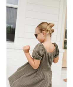 Lia + Lou Olive Green Ribbed Puff Sleeve Dress