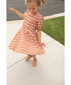 Lia + Lou Rust Striped Ribbed Puff Sleeve Dress