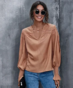 J+j Caramel Lace Textured Cuffed Blouse Tops