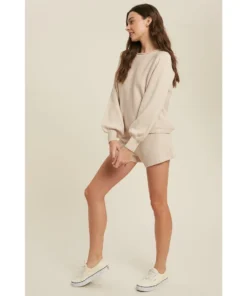 J+j Cream Sweater Lounge Shirt + Shorts Set