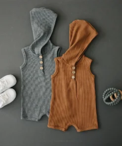 Mebie Baby Overalls + Rompers Honey Waffle Hooded Short Romper